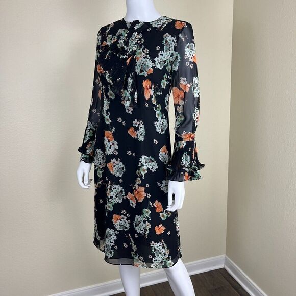 Mikael Aghal Women's Size 2 Floral Ruffle Pleated Sheer Dress Chiffon Victorian - Picture 8 of 13